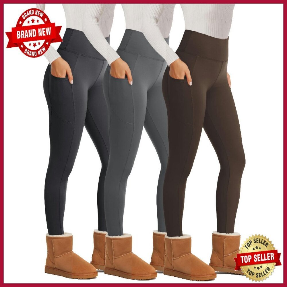 Fleece Lined Leggings with Pockets - Thermal Yoga Pants for Winter Workouts